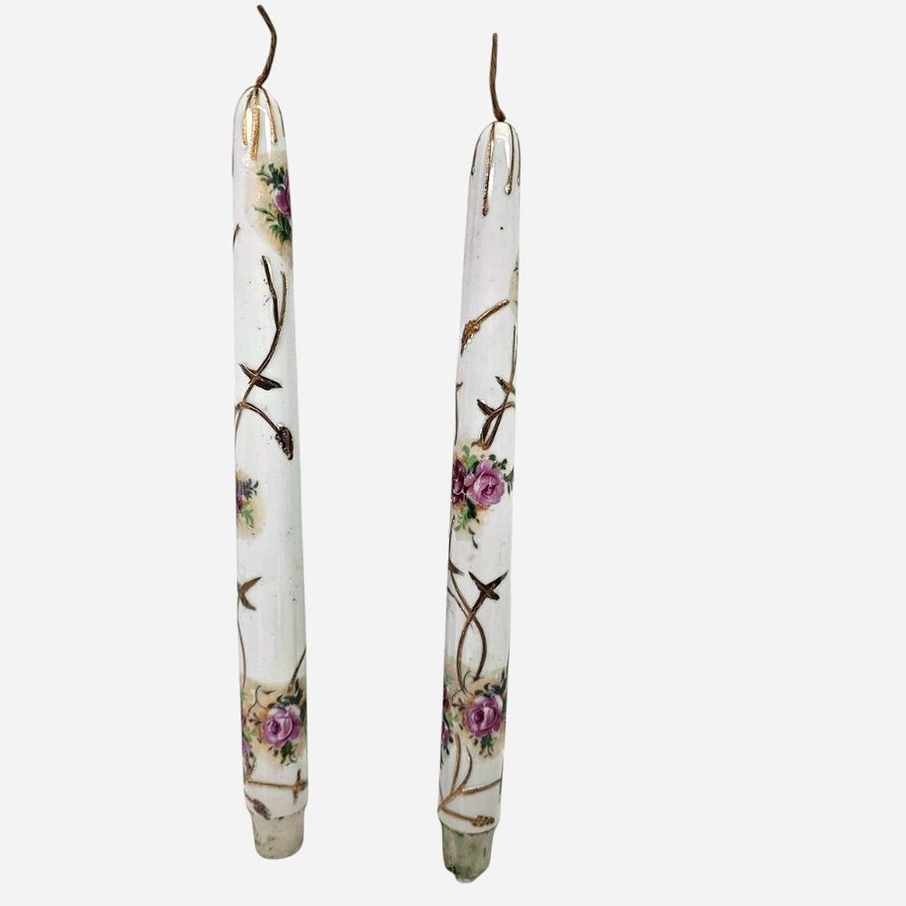 Vintage Floral Painted Faux Taper Candles, with Gold accents